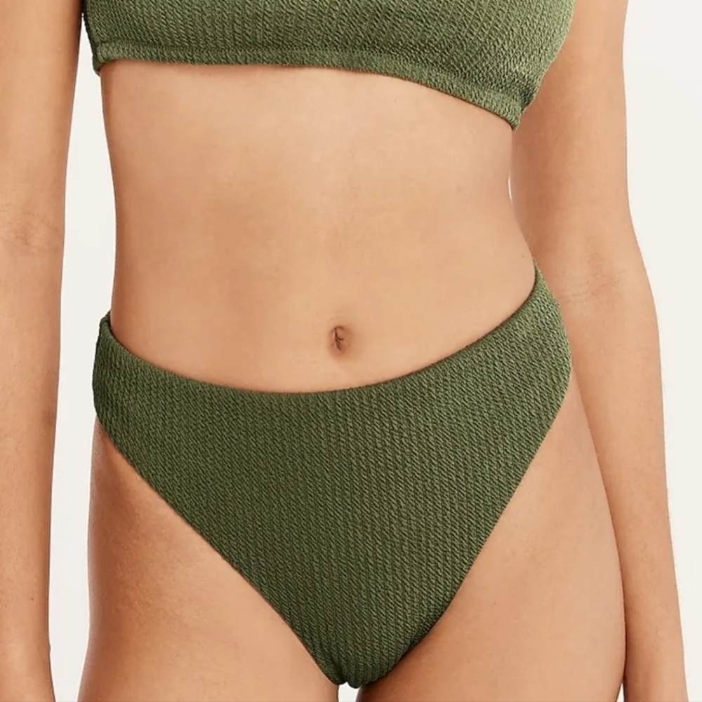 Nwt J. Crew Textured 80's high thigh bikini bottom in olive green size medium